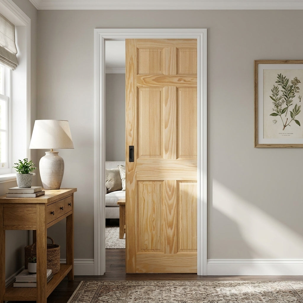 Internal Pocket Door Set, 100mm, Unfinished Clear Pine, 6 Panel Framed