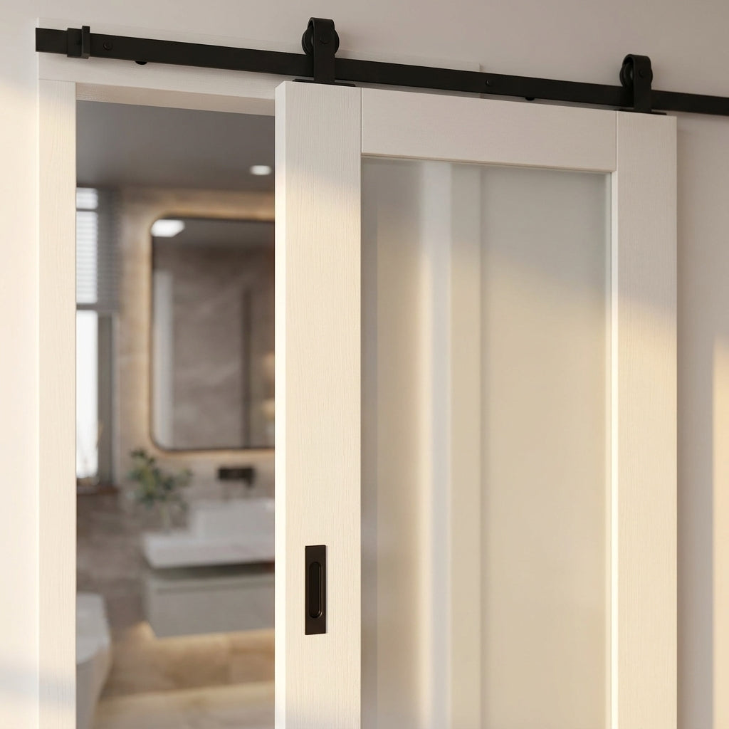Internal Sliding Door with 1 Light Obscure Glass, White Primed Finish - detail view