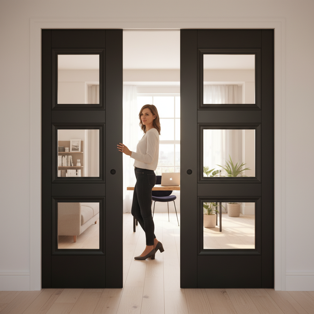 Premium Glazed Black Double Pocket Door Set with Galvanised Steel Frame, Adjustable Runners, and 15-Year Guarantee