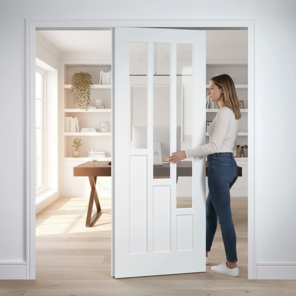 Premium White Glazed Telescopic Pocket Door System with Solid Core and Synchronization Features for Space-Saving Solutions