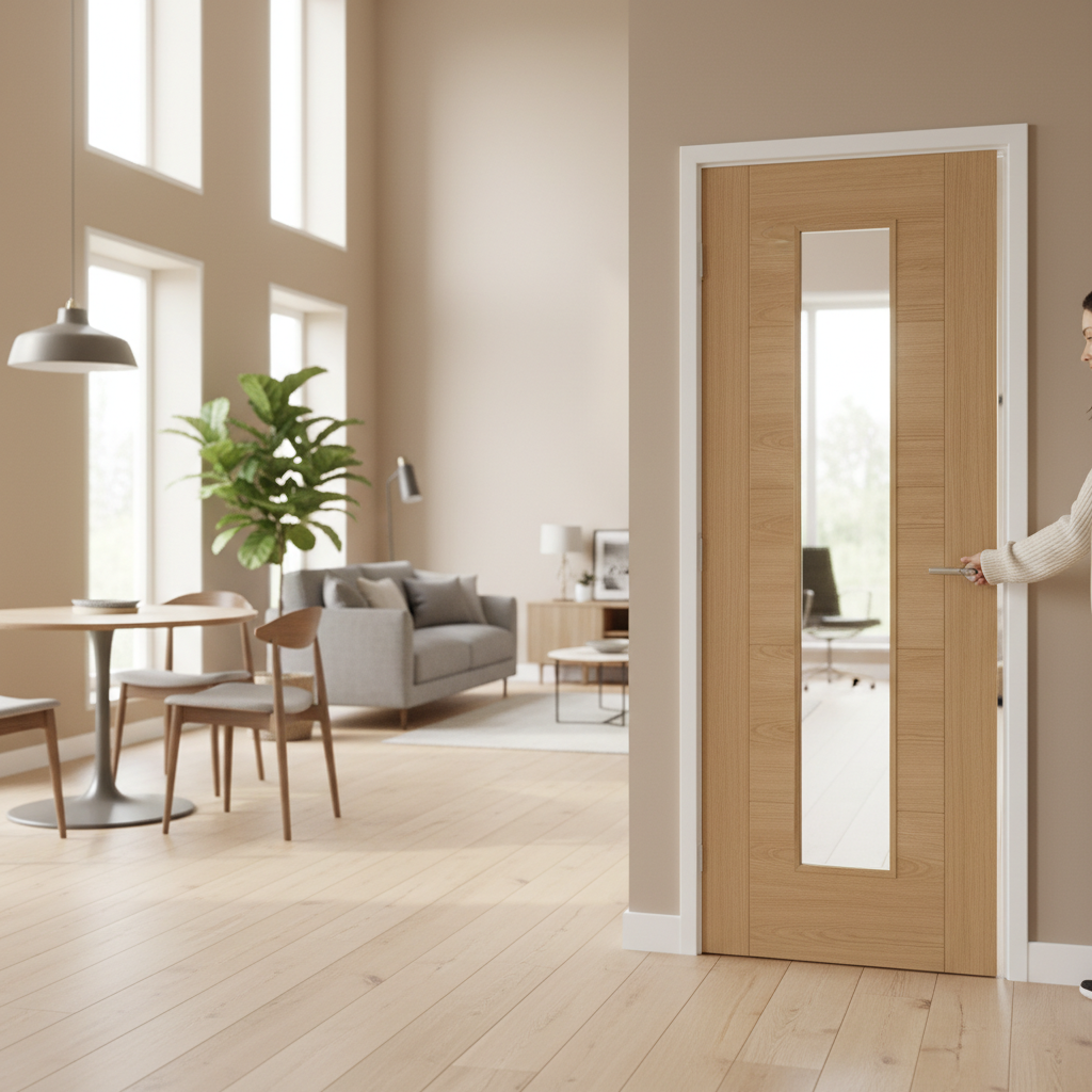 Premium Oak Long Light Internal Door with Clear Tempered Glass and Solid Core Construction