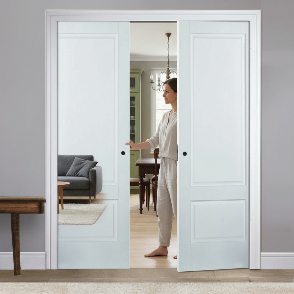 Premium Solid White Double Pocket Door Set with Adjustable Jambs and Durable Steel Frame