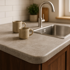 Rounded Edge Laminate Worktop in Woodstone Gris, 3000mm x 600mm x 38mm - detail view