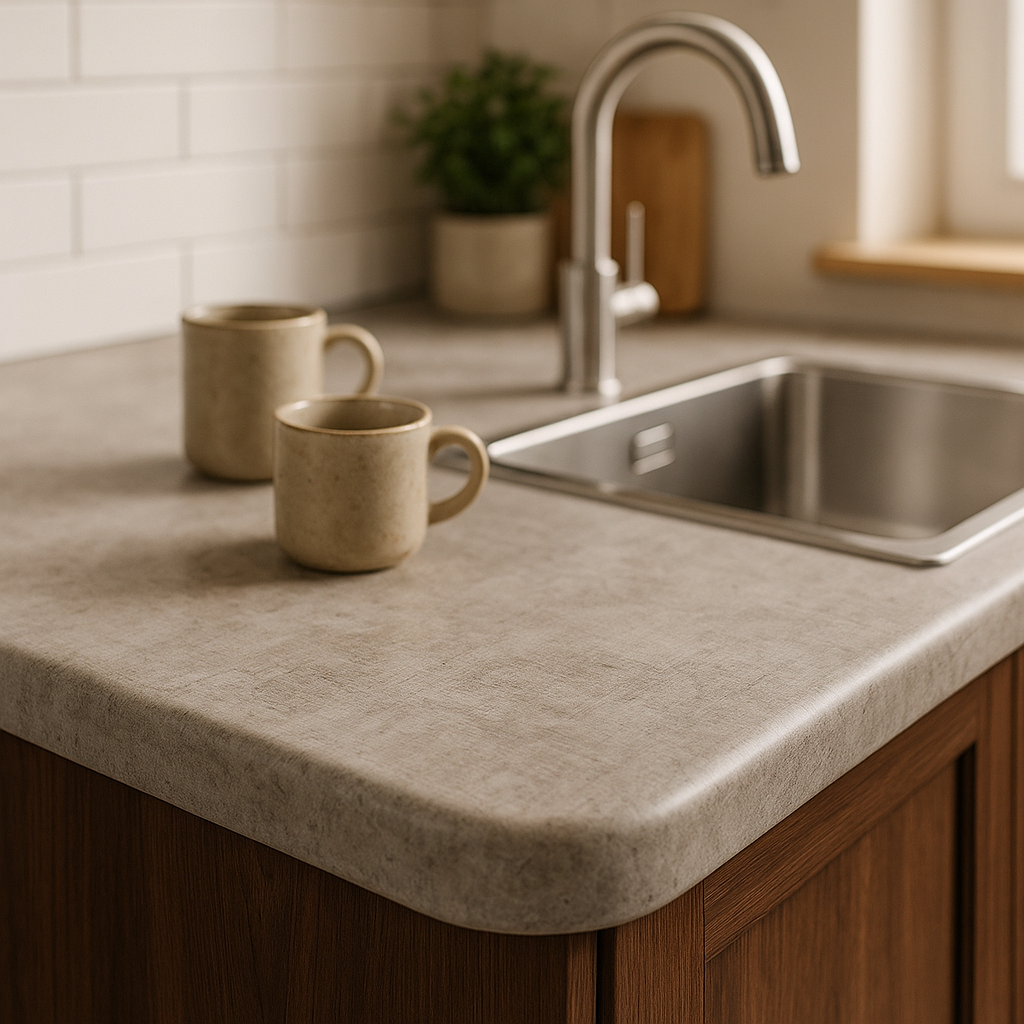 Rounded Edge Laminate Worktop in Woodstone Gris, 3000mm x 600mm x 38mm - detail view