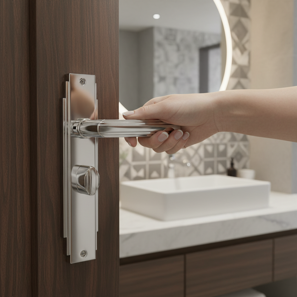 Premium Polished Chrome Bathroom Lock Handle with Stepped Lines and Angular Design - 10 Year Guarantee