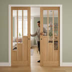 Premium Oak Glazed Double Pocket Door Set with Galvanised Steel Frame and Adjustable Jambs for Seamless Installation