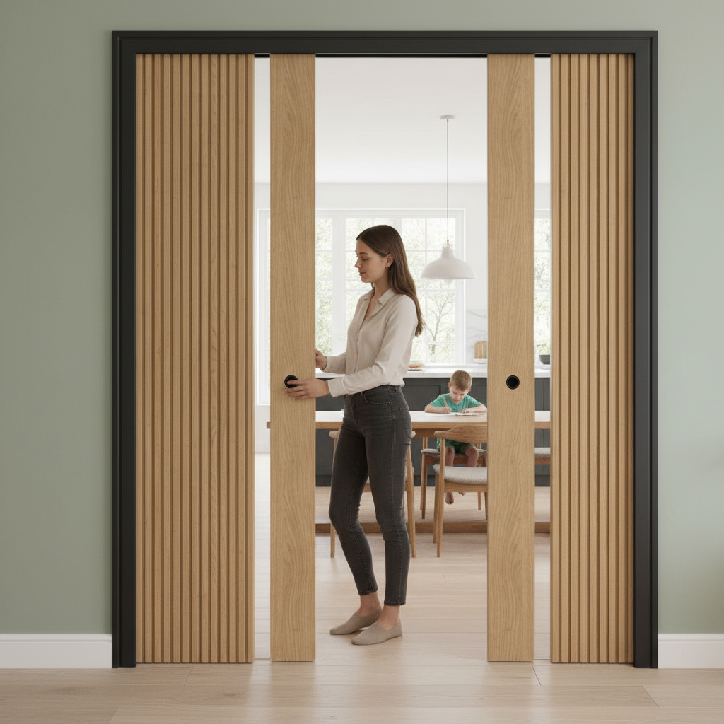 Premium Modern Oak Double Pocket Door Set with Galvanised Steel Frame and Adjustable Runners for Seamless Sliding