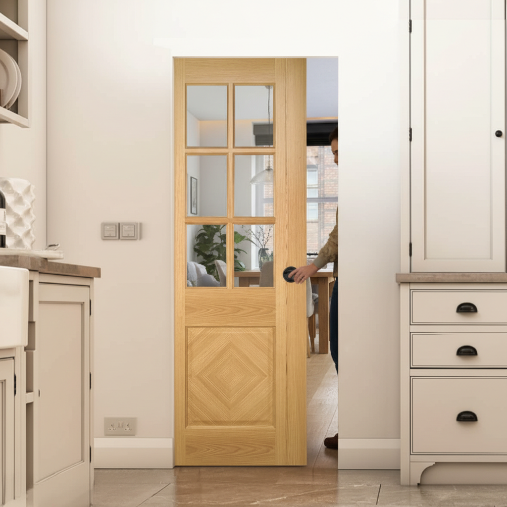 Premium Oak Glazed Flush Pocket Door System with No Bottom Track and Adjustable Doorstop for Space-Saving Design