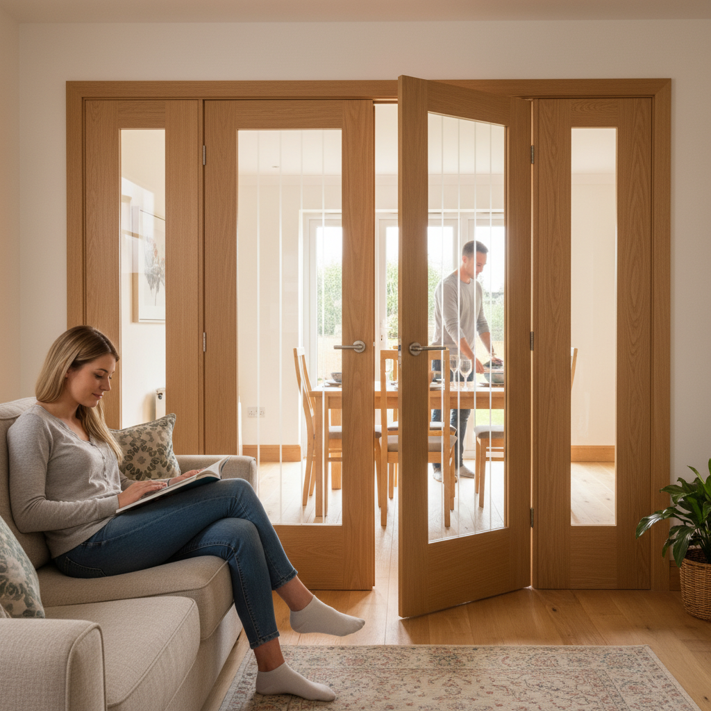Premium Oak Etched Glazed Room Divider with Demi Panels - Customizable Sizes and Universal Frame