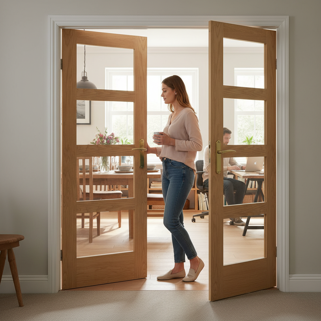 Premium Offset French Doors with Clear Glass Panes and Matching Demi Panel - Customizable Sizes for Unique Room Dividers