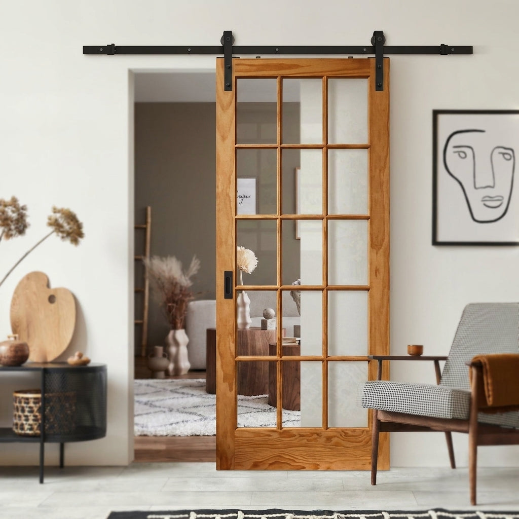 Clear Pine Internal Sliding Door, Unfinished, Solid Core, Clear Glass Glazing - detail view