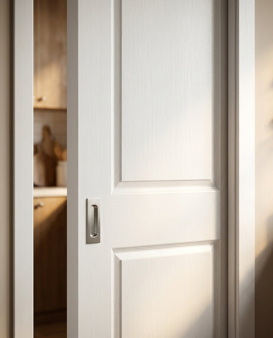 Pocket Door Set, Internal White, 100mm, Hollow Core, Primed Finish, 2 Panel Design - detail view
