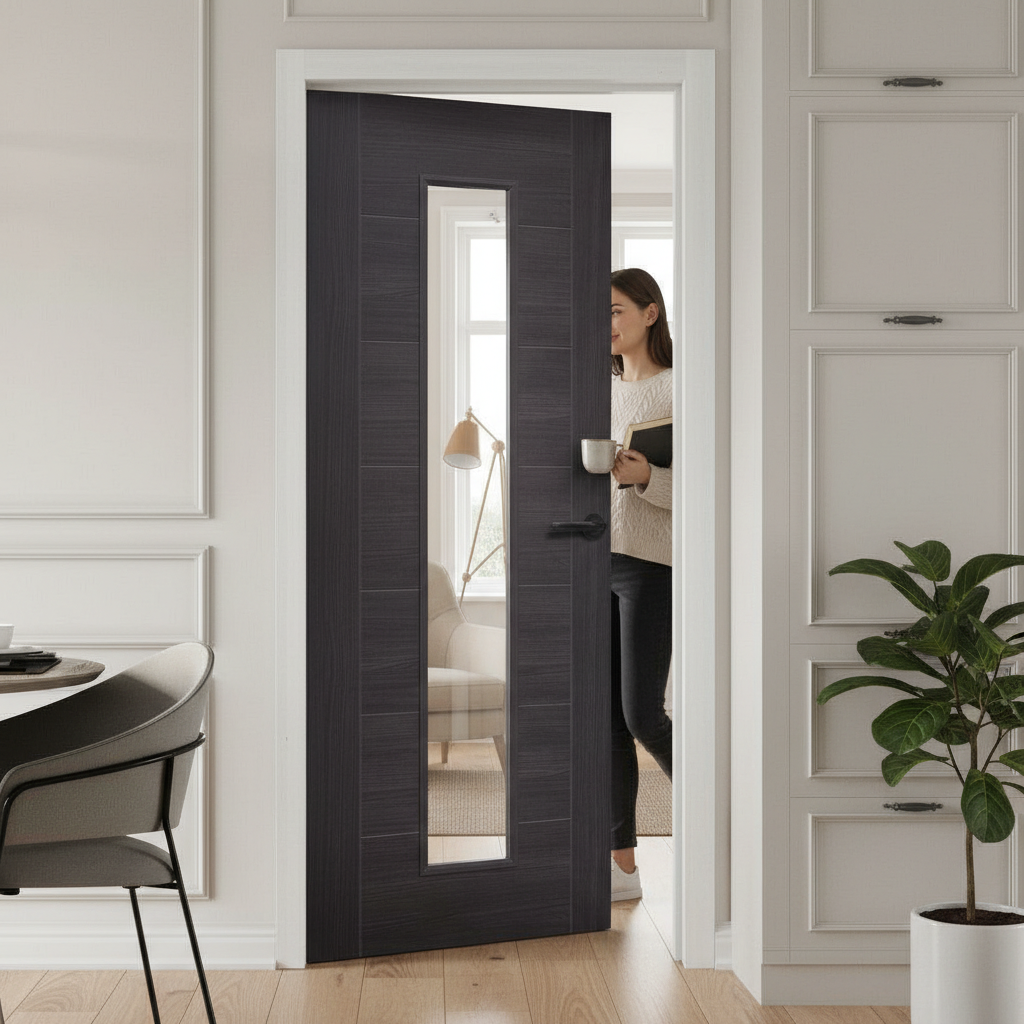 Premium Umber Grey Laminate Door with Clear Glass for Contemporary Spaces - High-Quality Professional Grade for Industrial and Commercial Applications