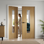 Premium Clear Glazed Internal Fluted Door Pair with Oak Effect and Durable Laminate Finish