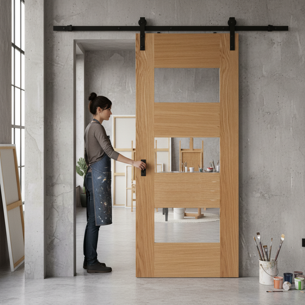 Premium Fully Finished 7 Panel 3 Light Clear Glass Sliding Door with Durable Oak Finish and Space-Saving Track