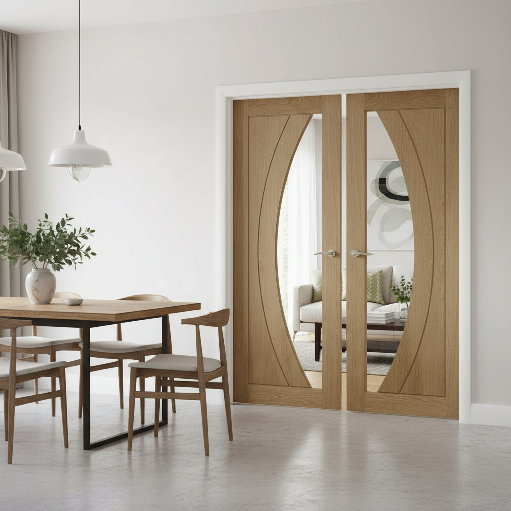 Premium Internal Clear Glazed French Doors with A Grade Oak Veneer and Safety Glass, 10-Year Guarantee