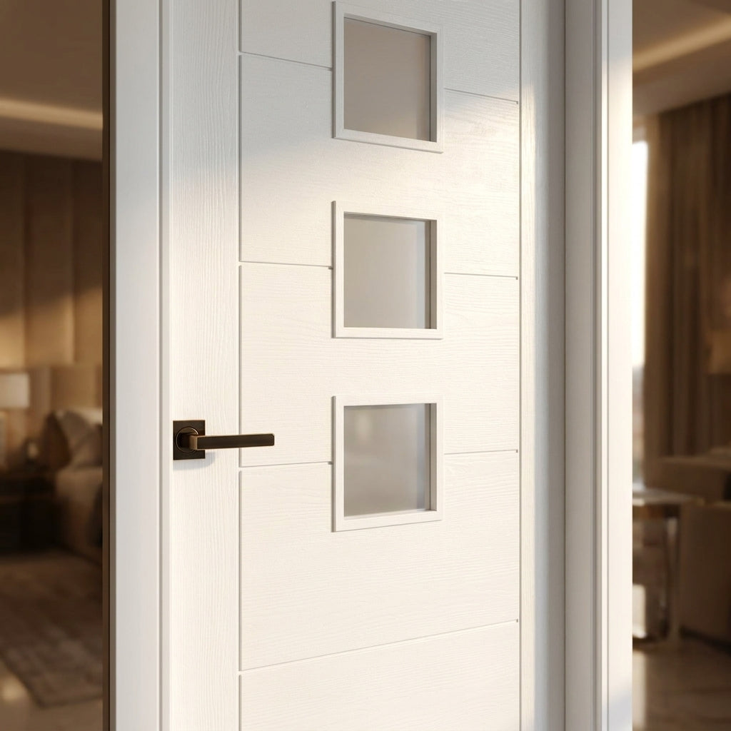 Internal White Door Made-to-Measure with Primed Finish and 4 Light Obscure Glass - detail view