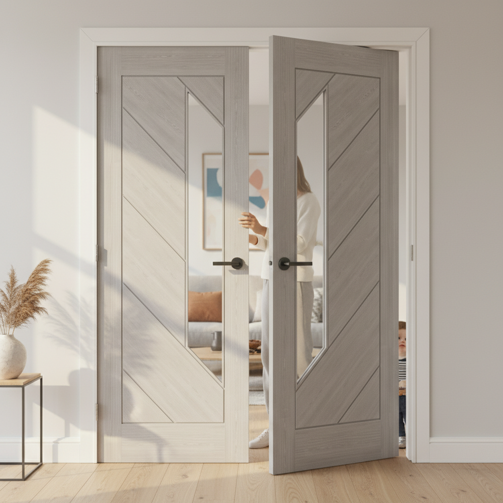 Premium Light Grey Ash Glazed Door Pair with Solid Core and Custom Sizes for Modern Interiors