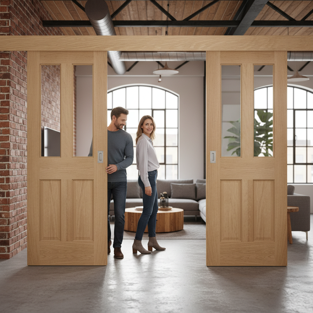 Premium Oak Double Sliding Door System with Clear Glazing and Versatile Track Mechanism