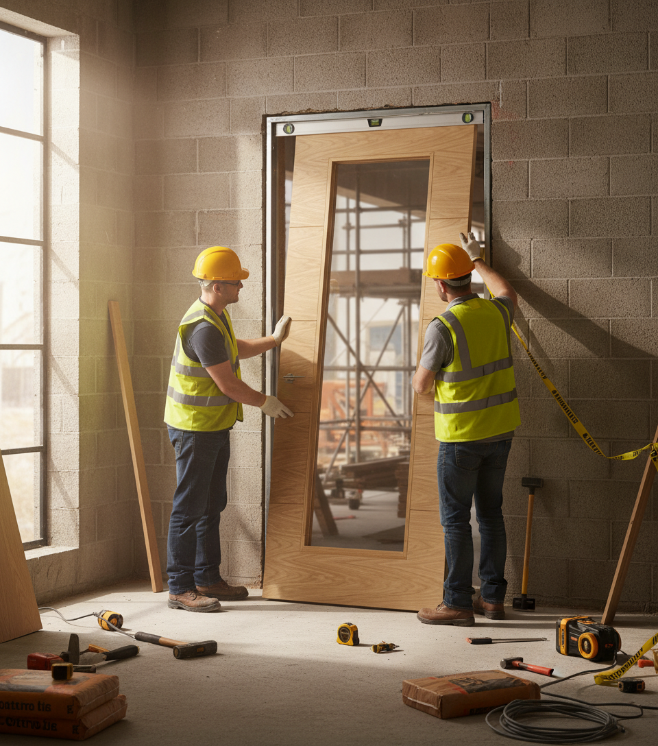 Premium Contemporary Oak 1 Light Fire Door with V Grooves and Clear Satin Lacquer Finish for Modern Interiors