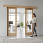 Premium Double Sliding Door System with Clear Glazed Oak Doors and Adjustable Track Mechanism for Internal Use