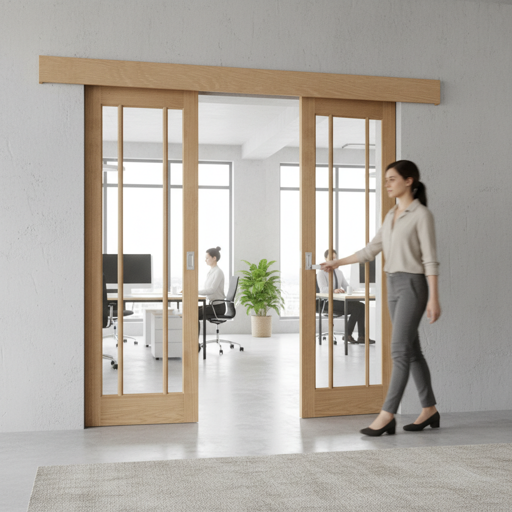 Premium Double Sliding Door System with Clear Glazed Oak Doors and Adjustable Track Mechanism for Internal Use
