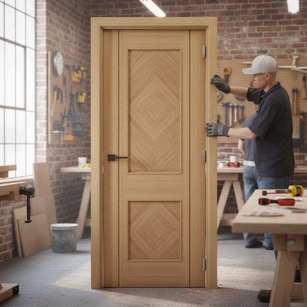 Premium Fully Finished Oak Fire Door with Diamond Veneer Inlays and 30 Minutes Fire Rating