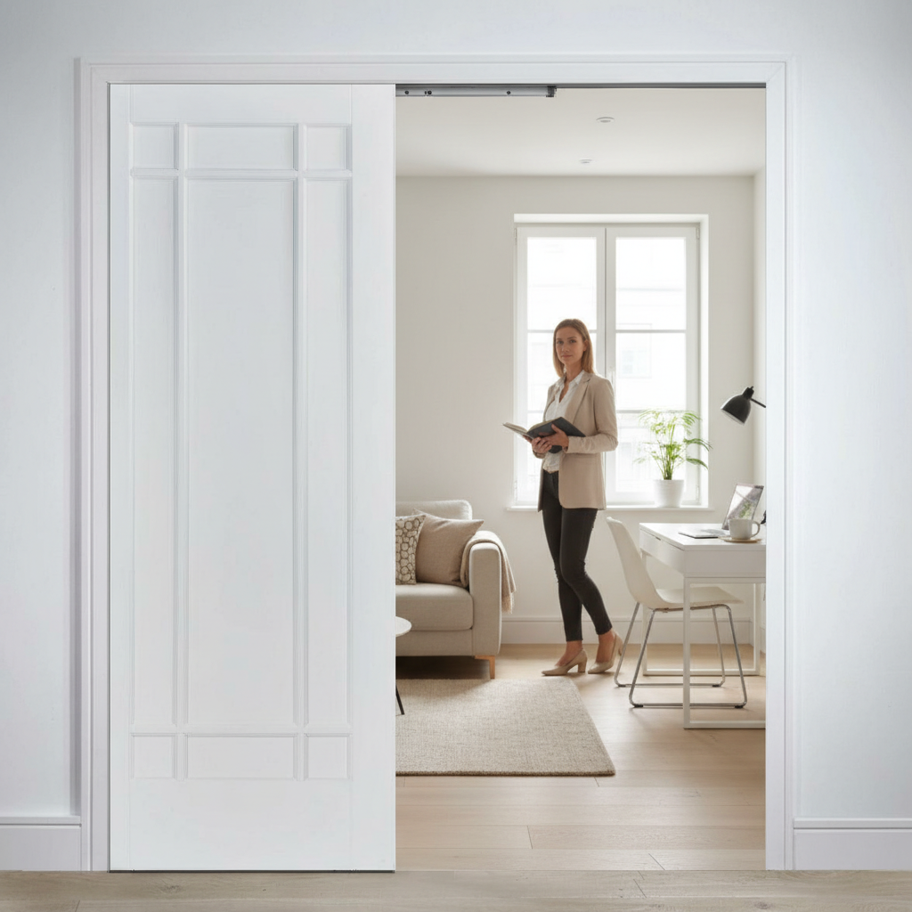Premium 9 Panel White Telescopic Pocket Door System with Comprehensive Timber Lining Kit and Maintenance-Free Track