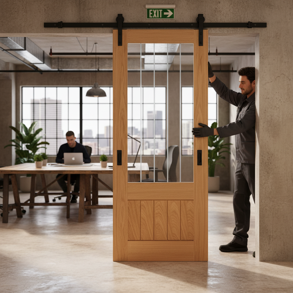 Premium Oak Internal Fully Finished Sliding Door with Obscure Lined Clear Glass and Black Top Mounted Kit for Modern Spaces