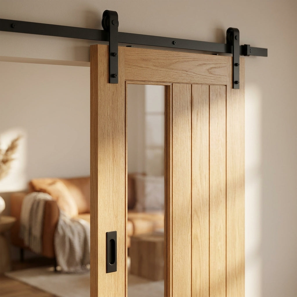 Internal Oak Sliding Door with 1 Light Clear Glass, Fully Finished - detail view