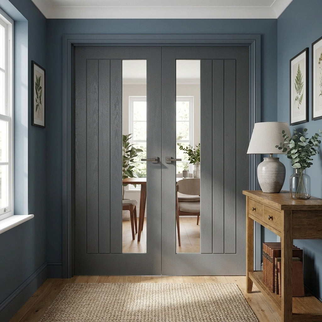 Internal Double Door with Ash Grey Finish and Clear Offset Glass, Fully Finished