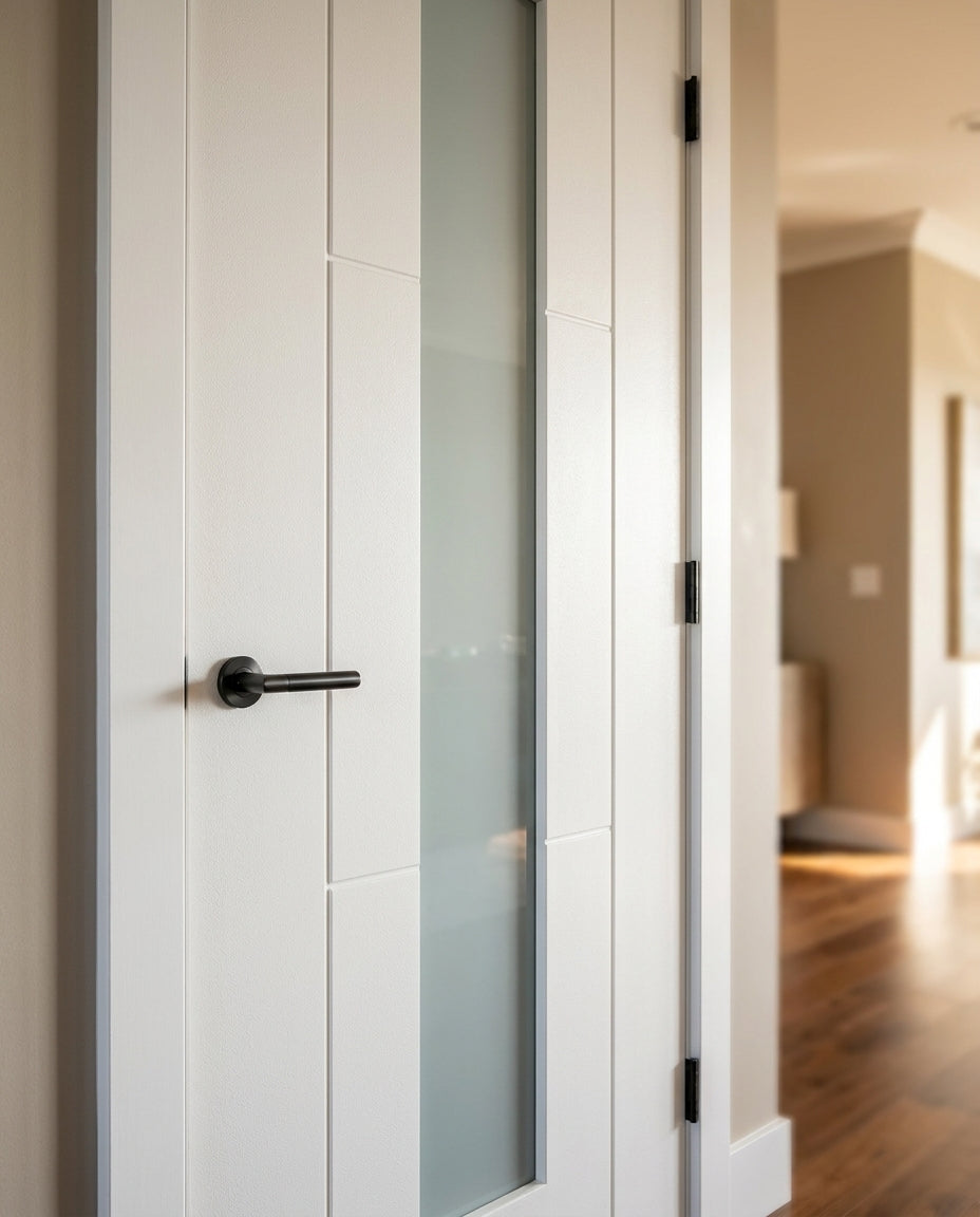 Internal White Door, Made-to-Measure, Primed Finish, 3 Panel, 1 Light Obscure Glass - detail view