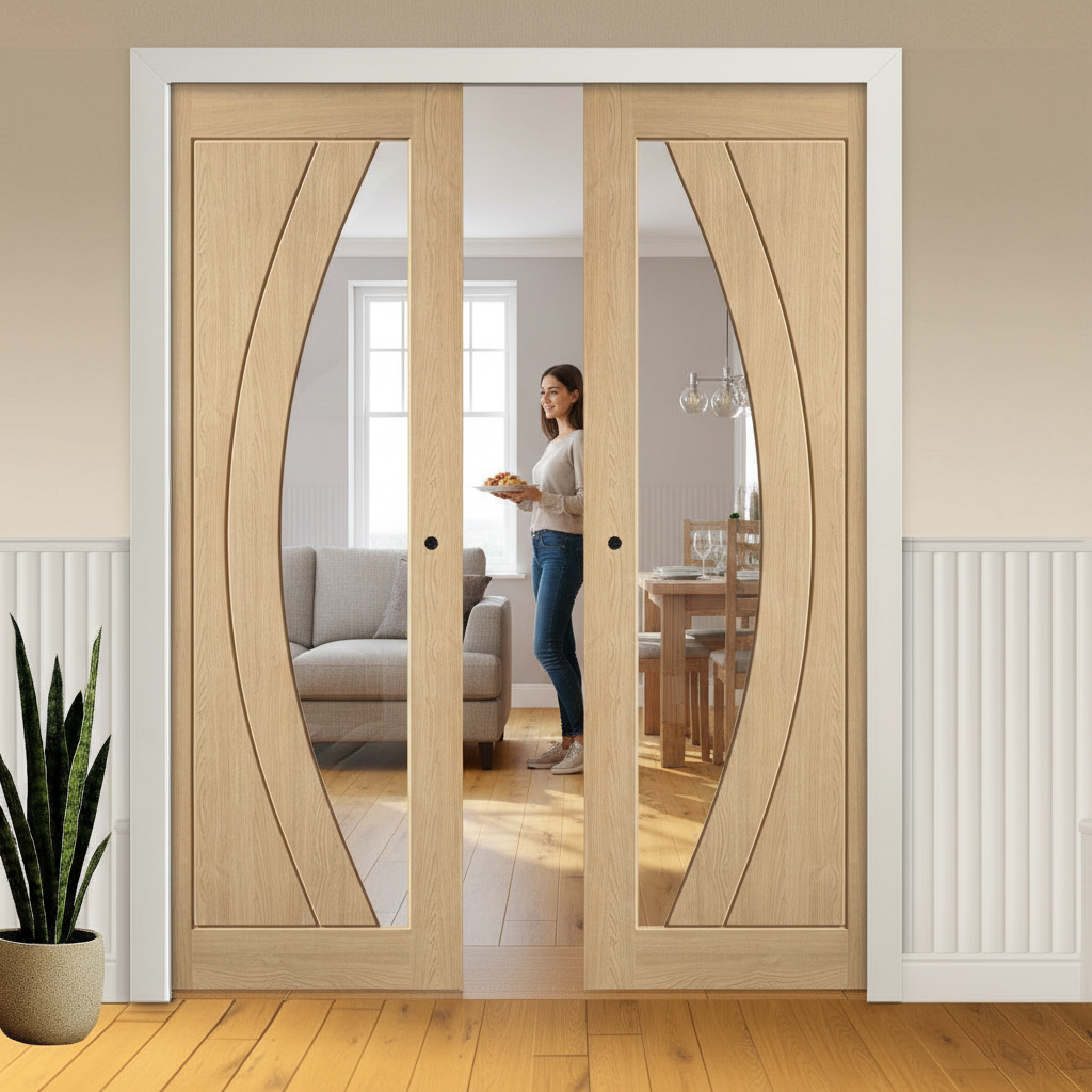 Premium Clear Glazed Double Pocket Door System with Unfinished Oak Construction and Galvanised Steel Frame for Modern Homes