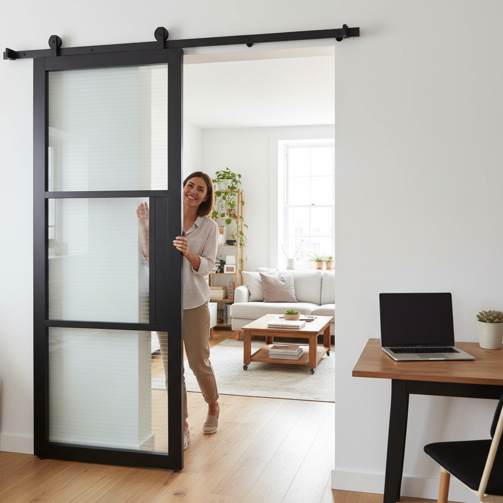 Premium Sliding Door System with Top Mount Track, Soft Close, and Black Reeded Glazed Finish - Ideal for Barn Conversions