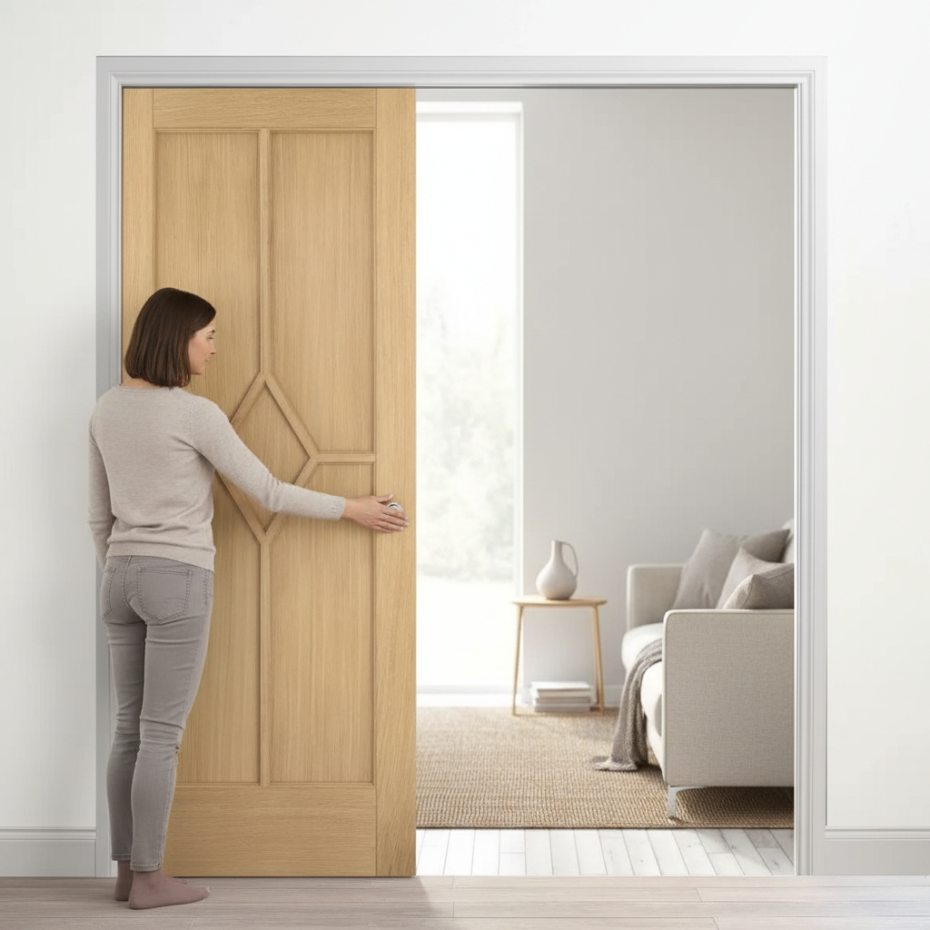Professional Oak Telescopic Pocket Door System with Synchronization Kit and Decorative Beading for Wider Passageways