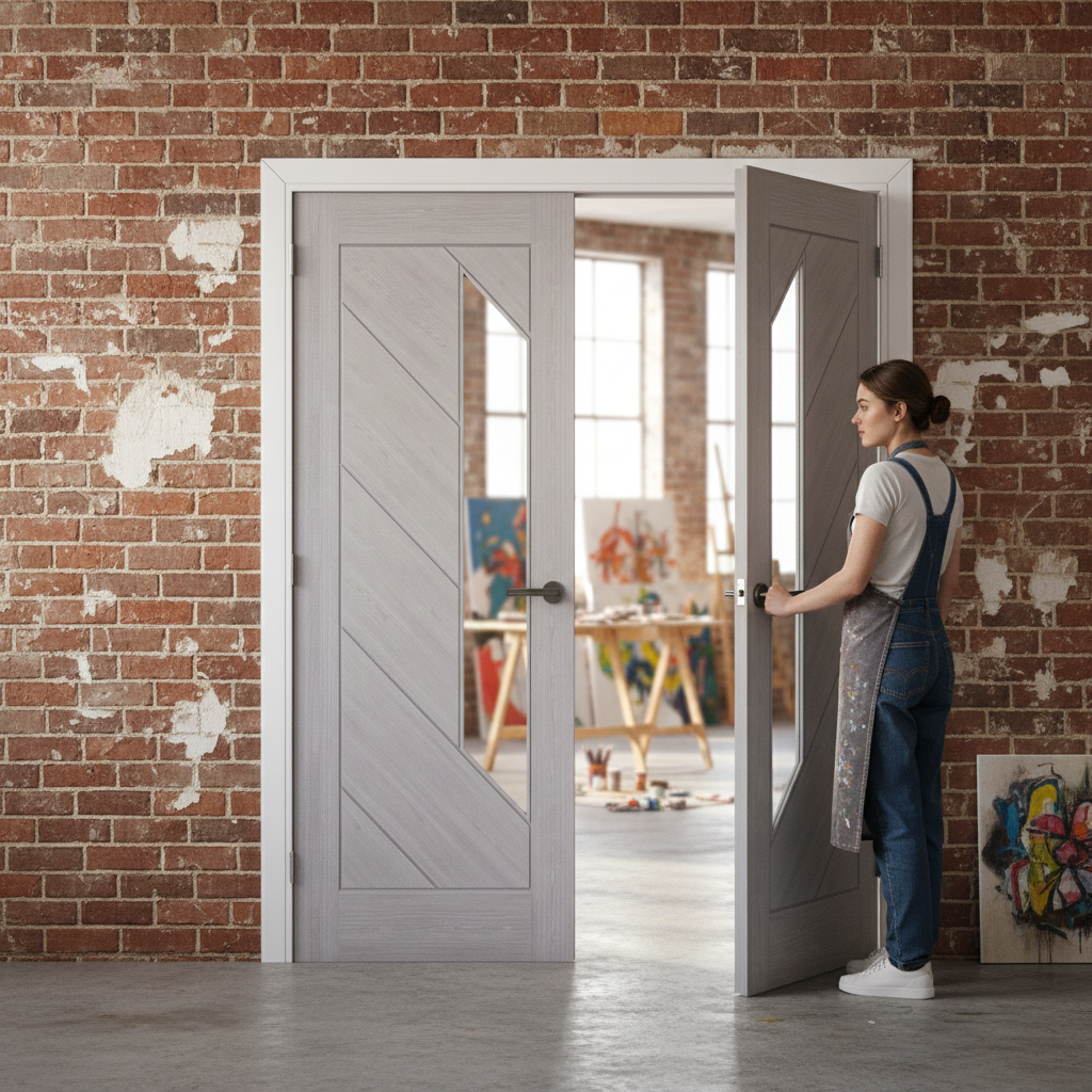 Premium Light Grey Ash Glazed Door Pair with Solid Core and Custom Sizes for Modern Interiors