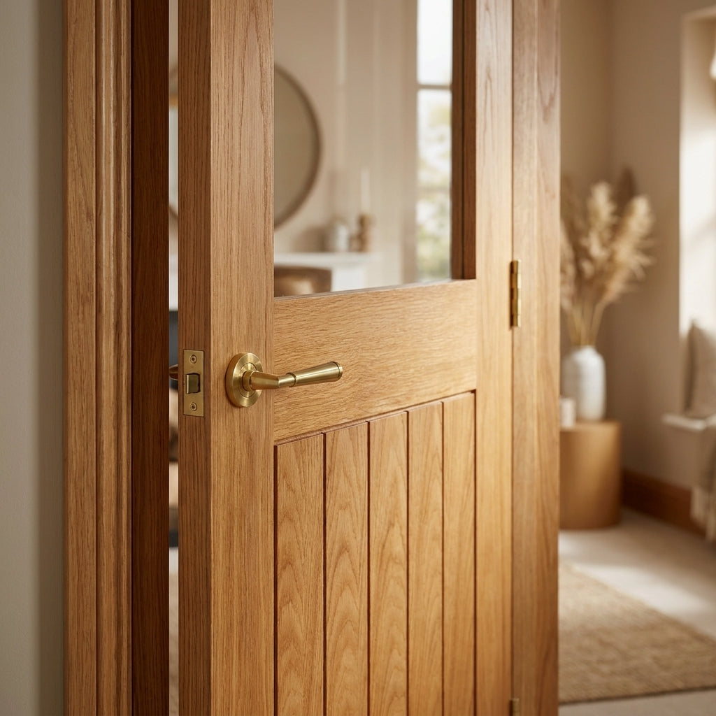 Internal Oak Door, Fully Finished, Farley Design, Half Light Clear Glass - detail view