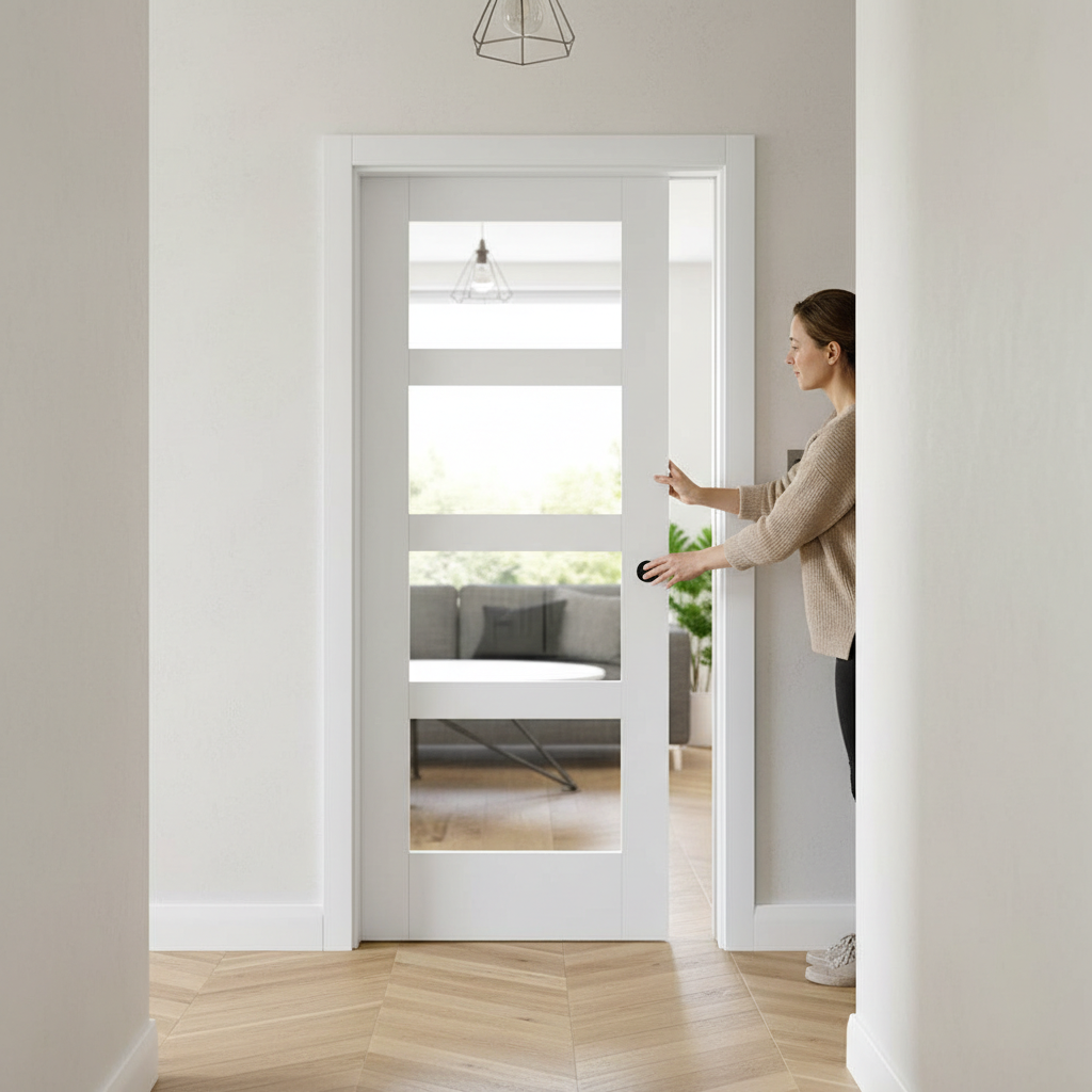 Premium Fire Rated Pocket Door System with White Glazed 4 Light Door, Galvanised Steel Frame, and Adjustable Runners for Seamless Operation