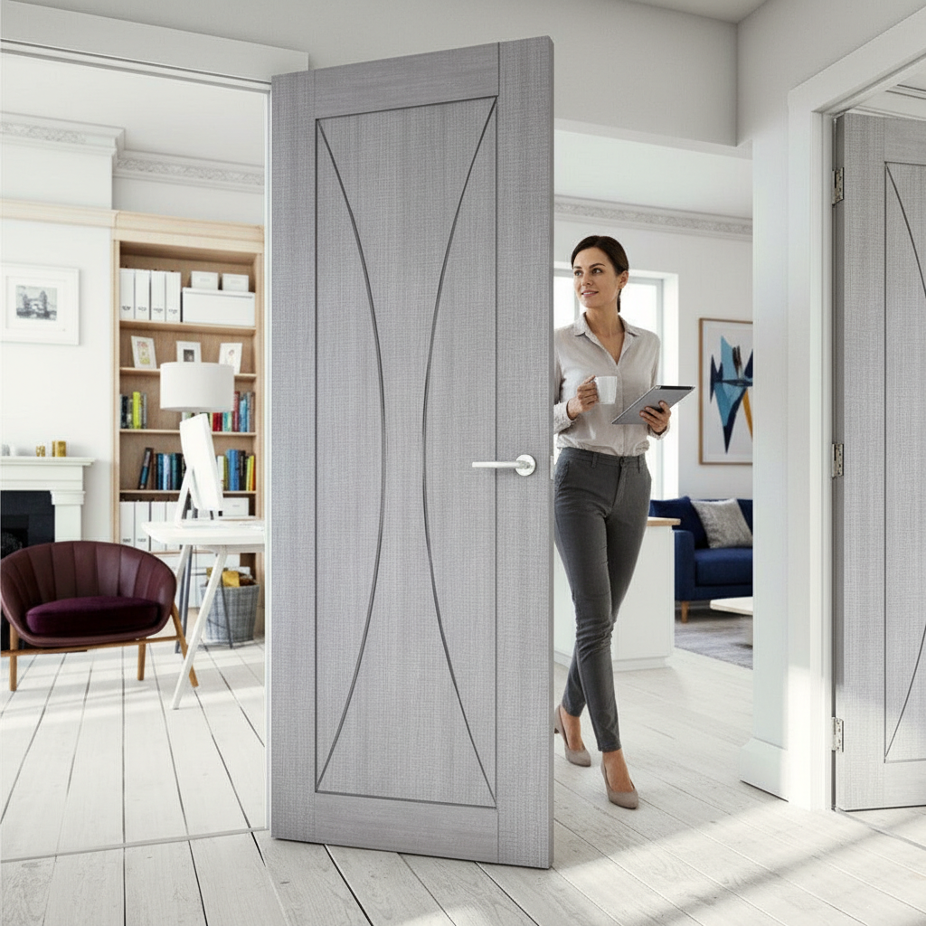 Premium Grey Interior Door with Solid Core, Real Ash Veneer, and Prefinished Surface - 10 Year Warranty