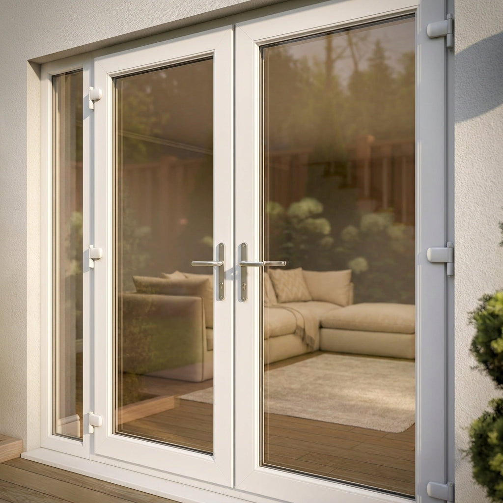 External White Aluminium French Patio Door with Clear Glass Glazing - detail view