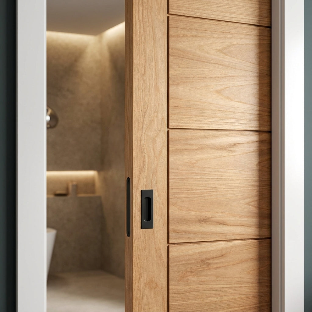 Pocket Door Set, Oak, Unfinished, 100mm, Internal, 5 Panel Framed Design - detail view