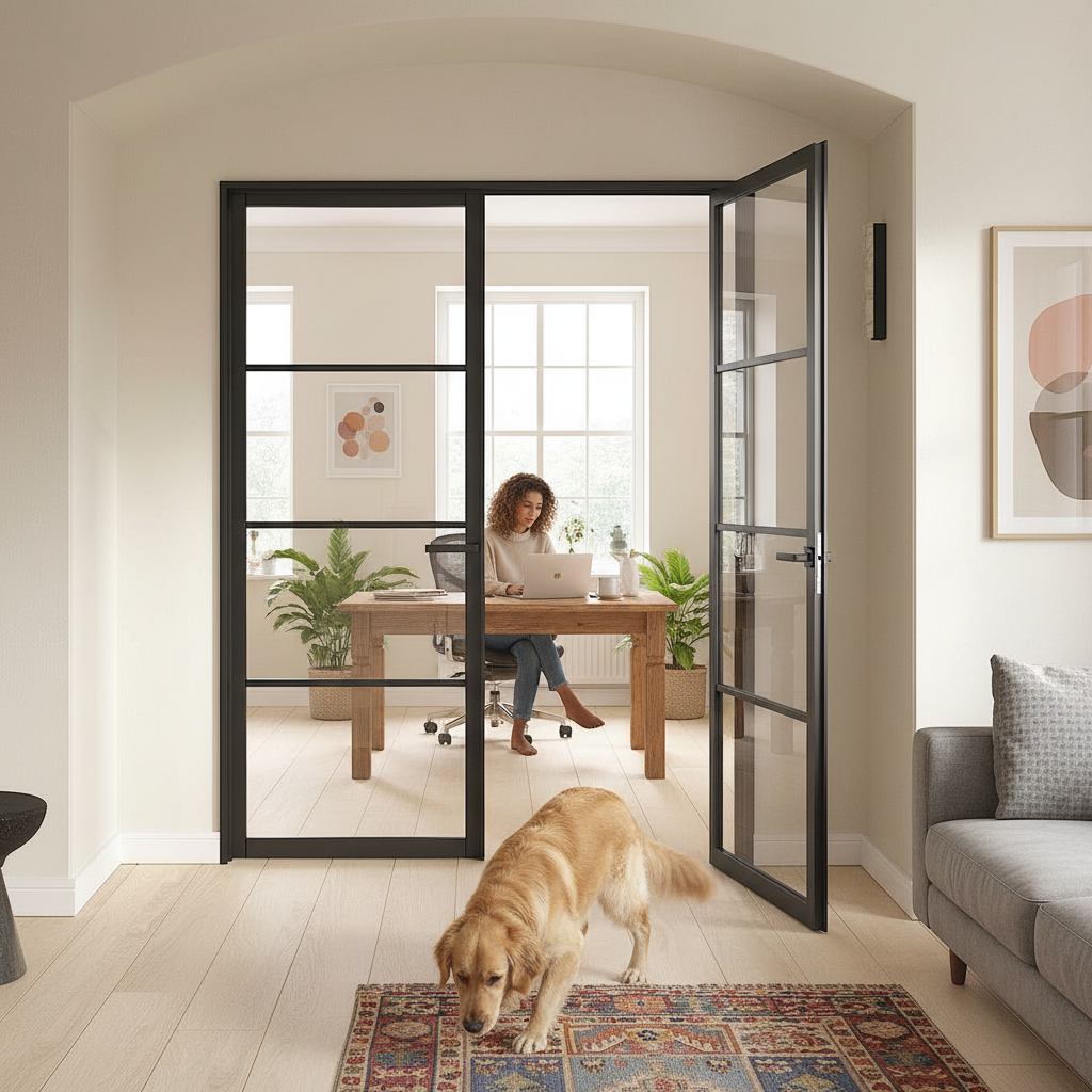 Premium Industrial Style Offset French Doors with Side Panel - Modern Design, Multiple Sizes, and Matt Black Hardware Options