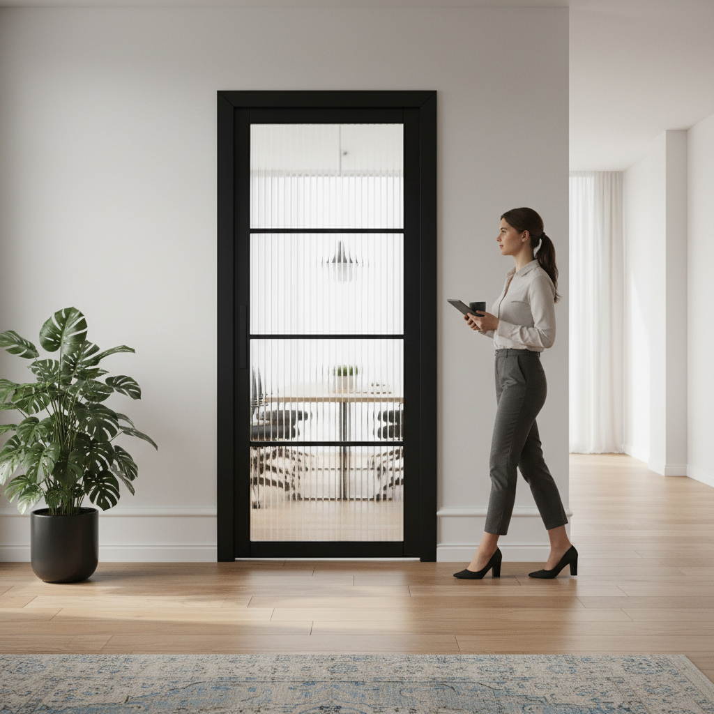 Premium Internal Fully Finished 4 Light Reeded Glass Industrial Studio Door with Jet Black Finish for Contemporary Interiors - Image 2