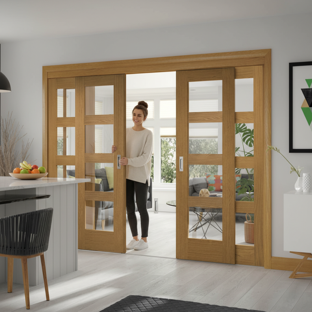 Premium Oak Sliding French Doors with Fixed End Panels - Customizable Sizes and Designs for Room Division