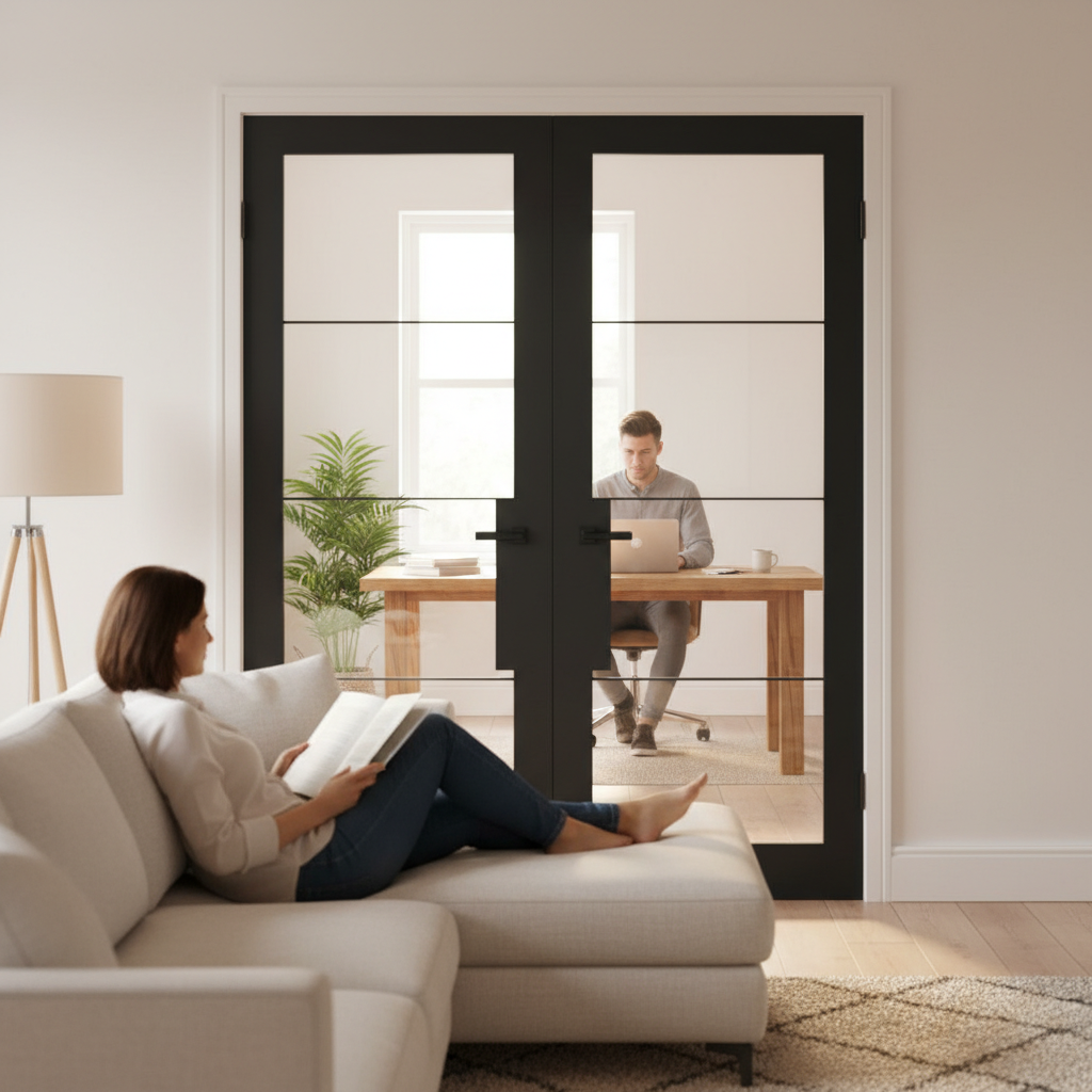 Premium Industrial Style 4 Panel Internal Door Pair with Solid Engineered Core and Prefinished Black Design