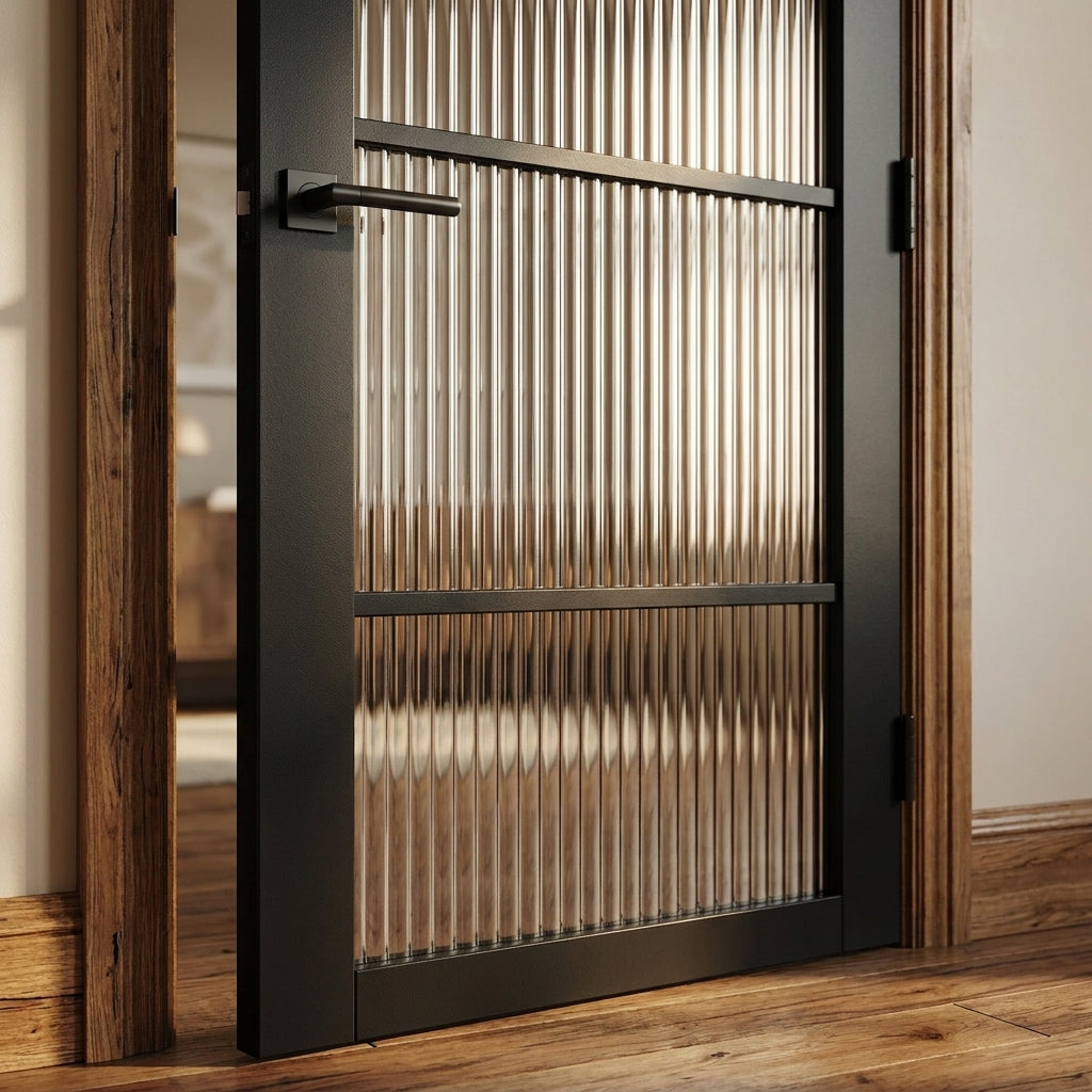 Internal Studio Door with 4 Light Reeded Glass in Fully Finished Black - detail view