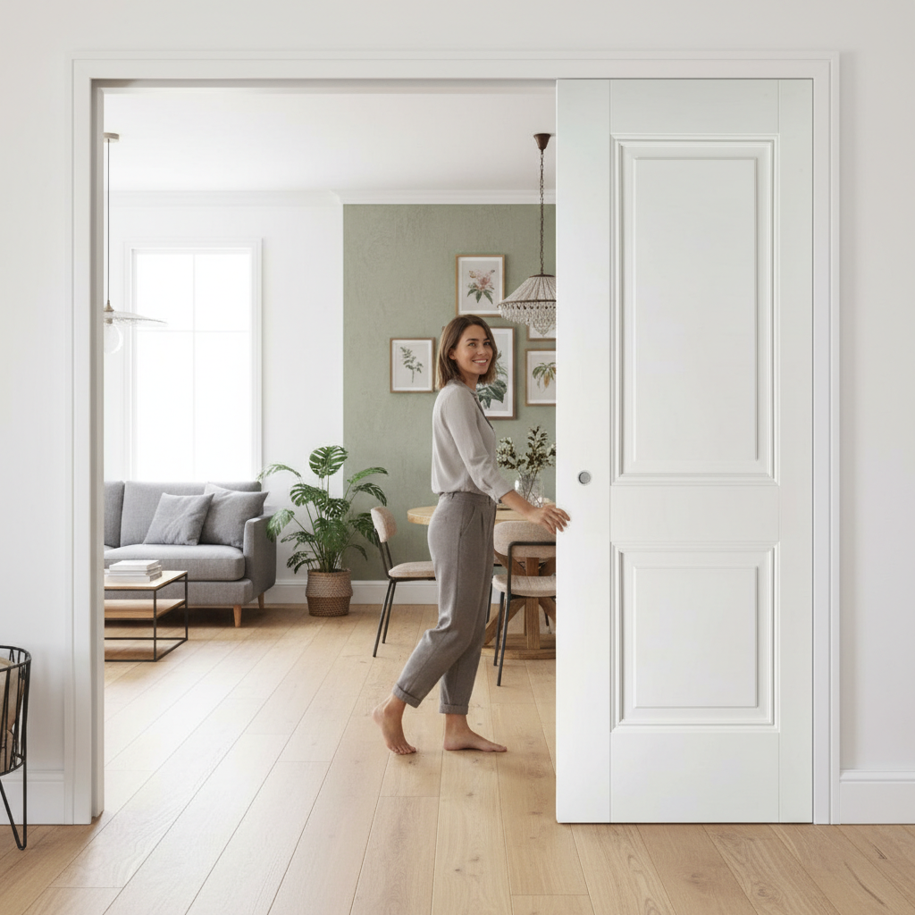 Premium Double Pocket Door Set with Classic Two-Panel Design and Galvanized Steel Frame for Modern and Period Interiors