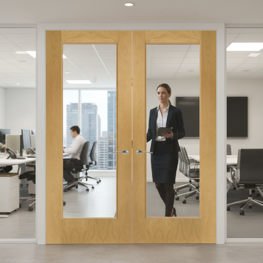 Premium Custom Made Internal Oak Glazed FD30 Fire Door Pair - Bespoke Sizes and Certified Safety Standards