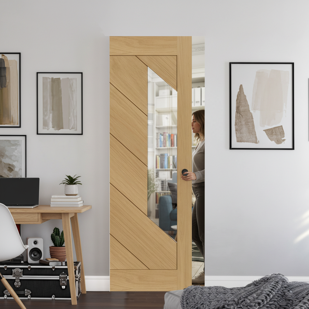 Premium Clear Glazed Flush Pocket Door Set with Modern Oak Finish and Space-Saving Design