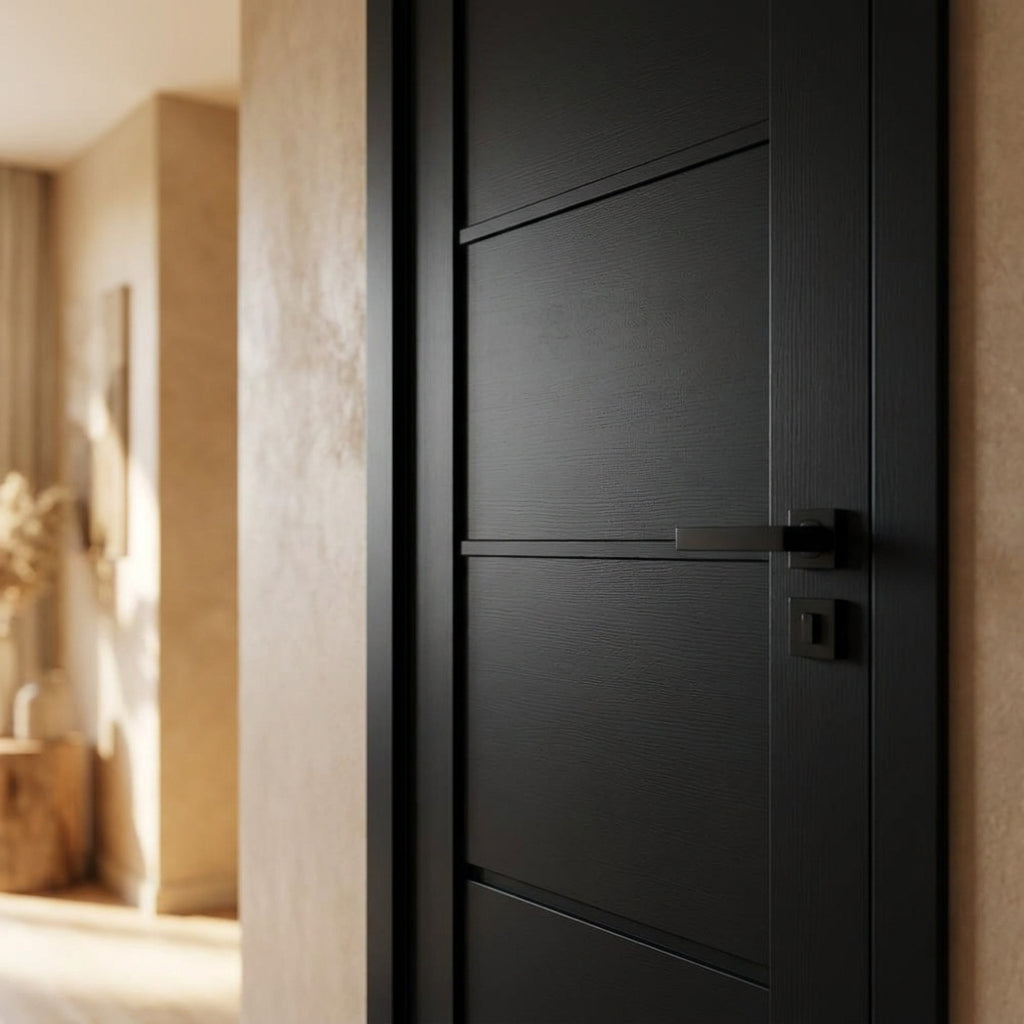 Internal 4 Panel Jet Black Studio Door, Fully Finished, Softwood Core - detail view